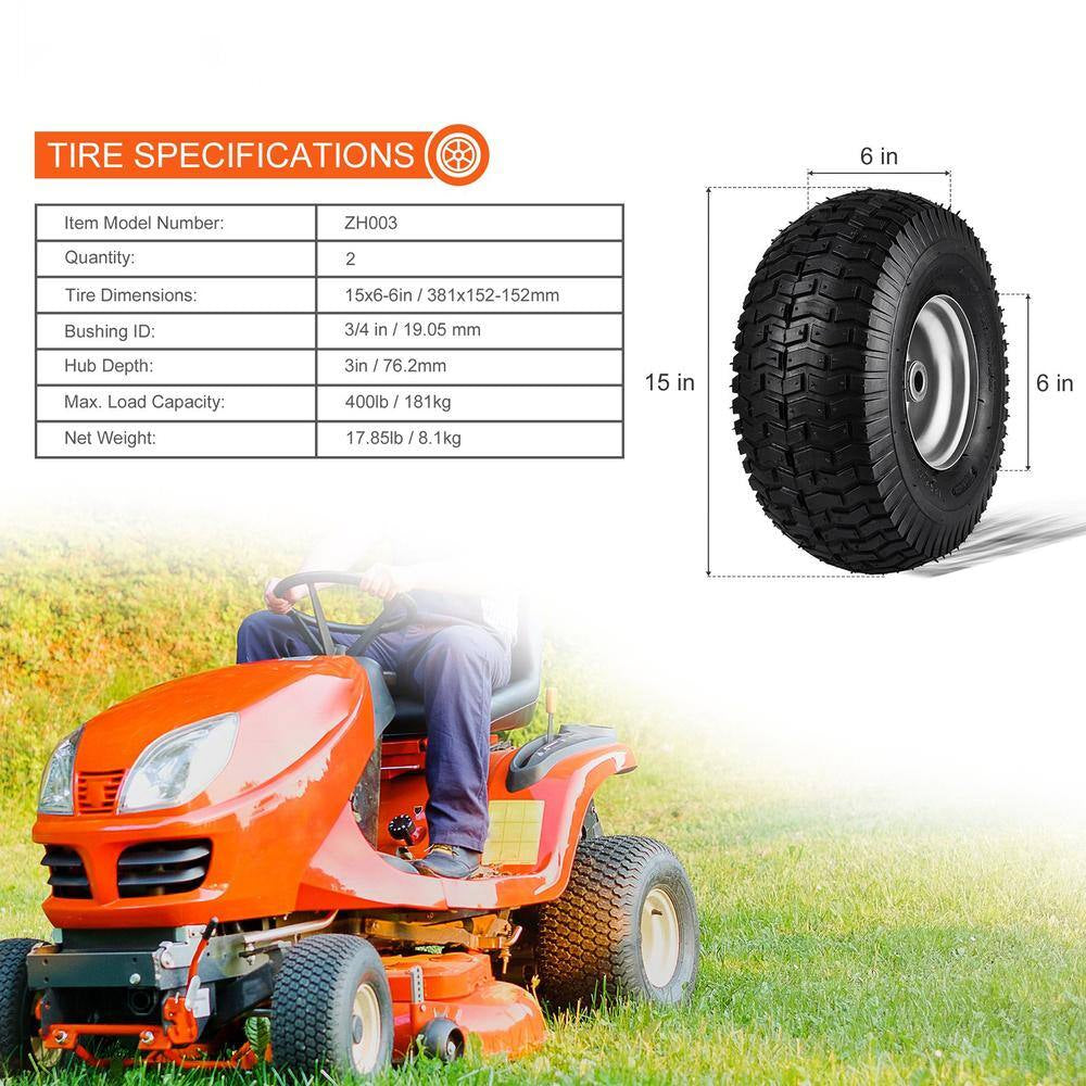 Lawn Mower Tires 15X6-6 in 2-Pack Turf Pneumatic 3 in Centered Hub 3/4 in Bushing 16 Adapters 400 Lb/Wheel