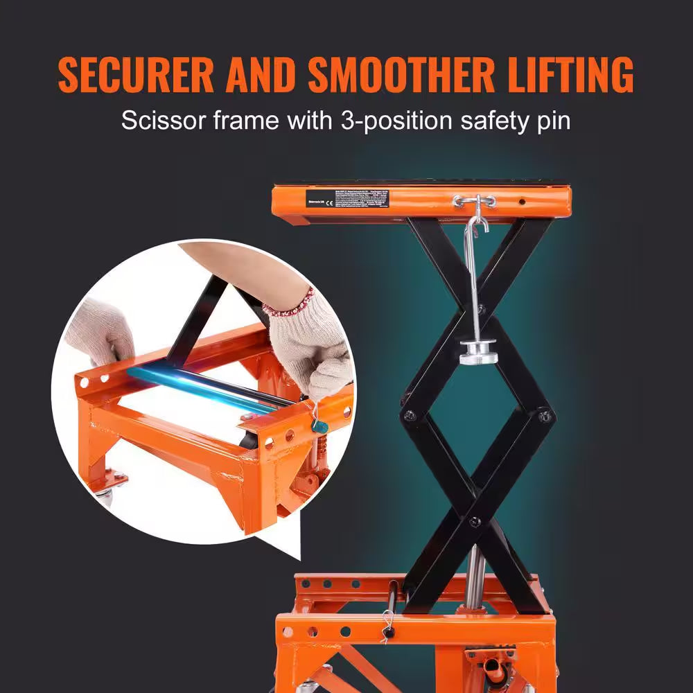 Hydraulic Motorcycle Lift Table, 350 Lbs. Capacity Motorcycle Scissor Jack Lift with Wide Deck, J-Hooks, 4 Wheels