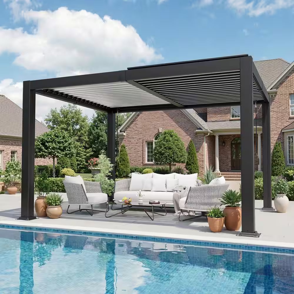 10 Ft. X 12 Ft. Black Aluminum Outdoor Louvered Pergola with Water-Tight Adjustable Roof
