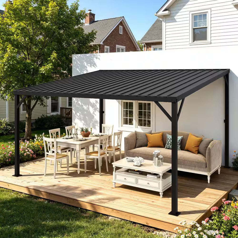 12 Ft. X 14 Ft. Outdoor Black Pergola Gazebo, Wall-Mounted Lean to Metal Awning Gazebo with Roof for Patio, Backyard