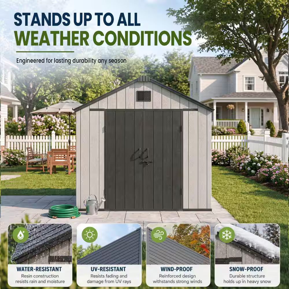 8 Ft. W X 10 Ft. D Resin Storage Shed with Double Doors, Window and Gable Vent 80 Sq. Ft.
