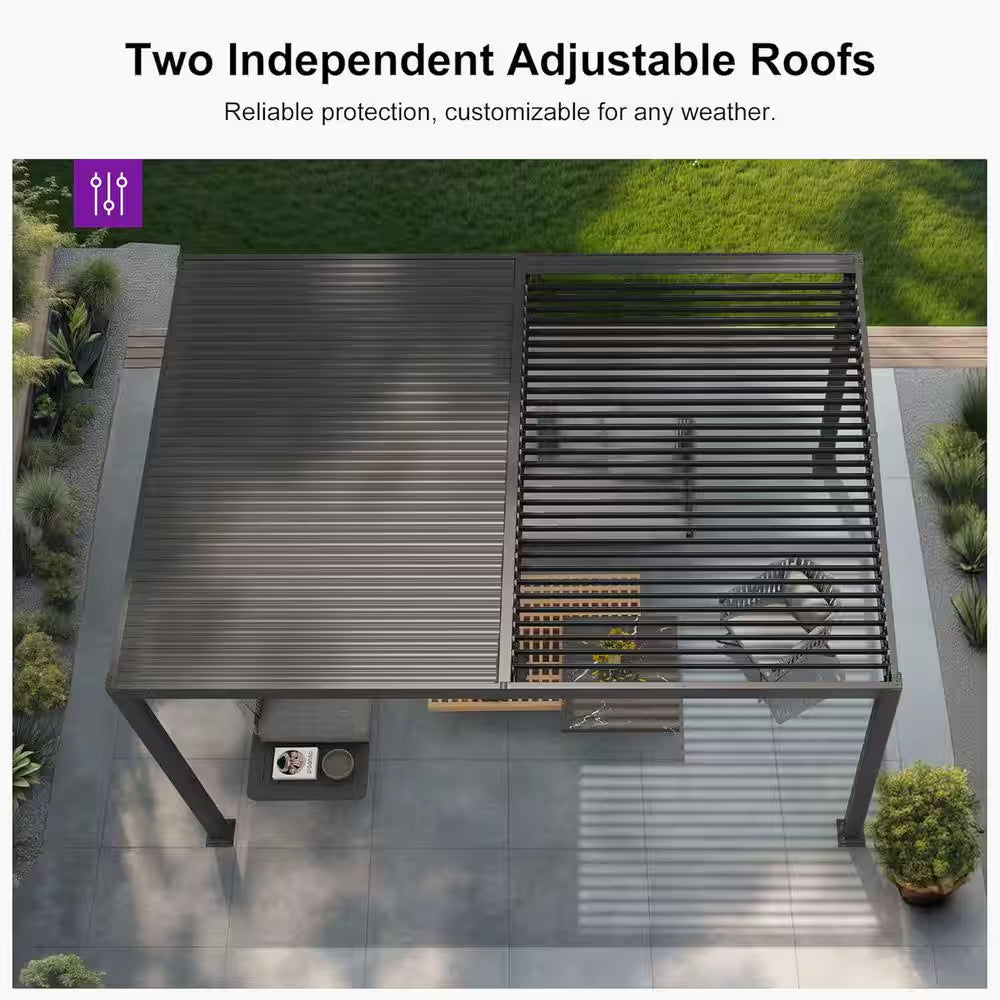 10.2 Ft. X 12.3 Ft. Gray Aluminum Outdoor Louvered Pergola with 2-Individual Adjustable Roofs and In-Built Gutter System