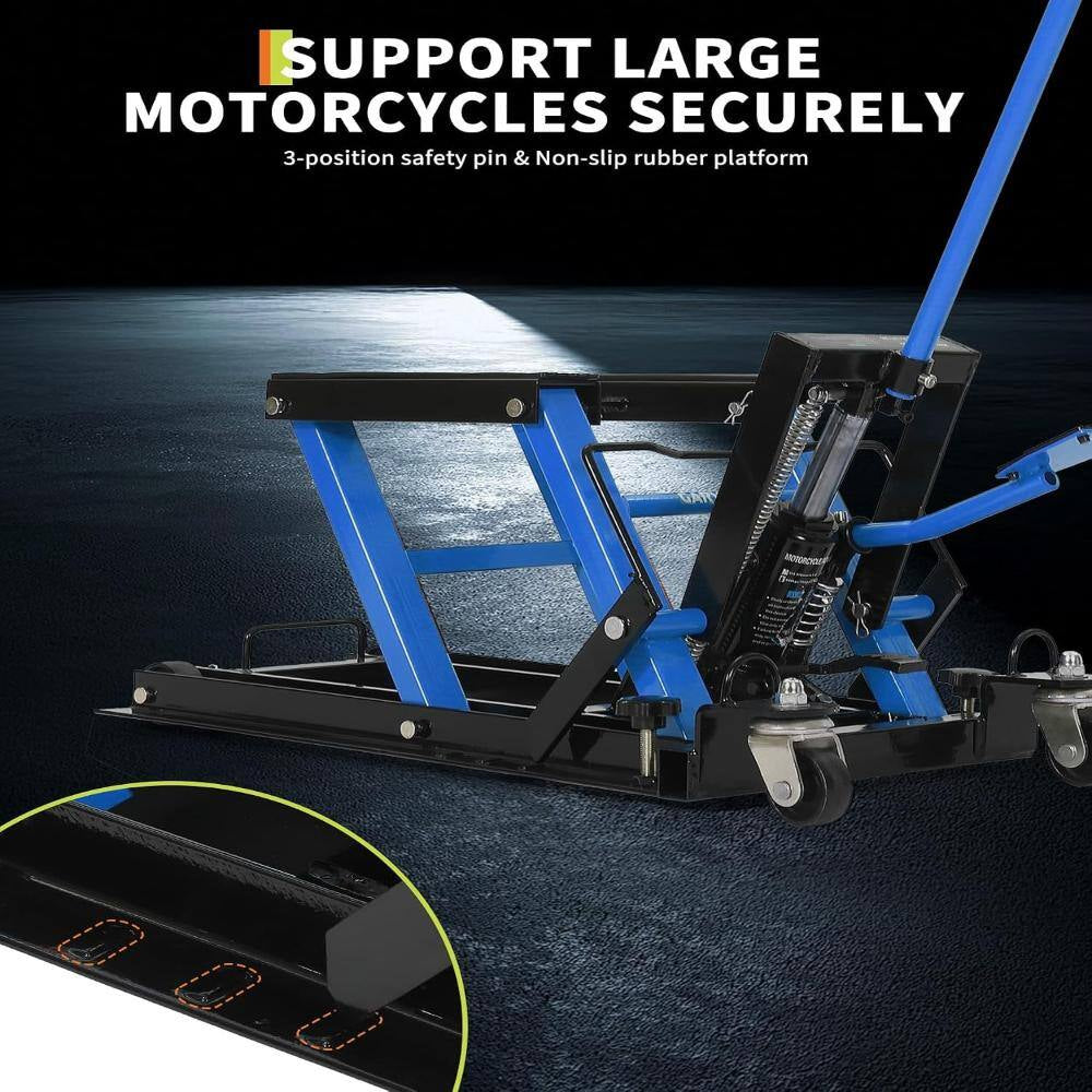1500 Lbs Hydraulic Motorcycle Scissor Lift Jack, Heavy Duty Adjustable Lift Table with Foot Pedal & Wheels， Blue
