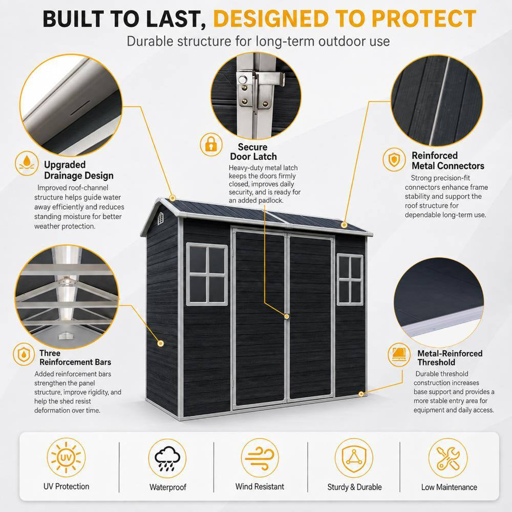 8 Ft. W X 4 Ft. D Black Outdoor Resin Storage Shed with 2 Windows and Floor (31 Sq. Ft.)