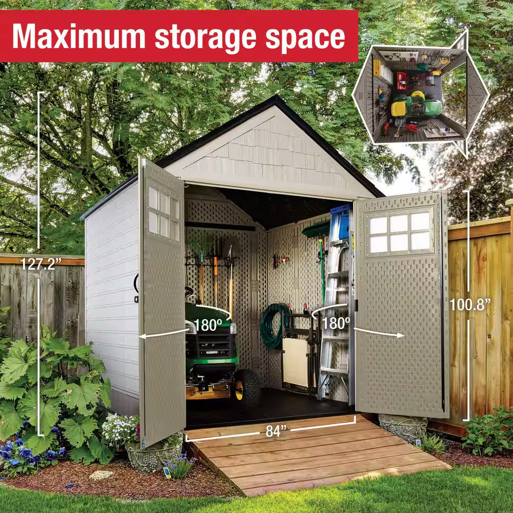 7 Ft. W X 7 Ft. D Durable Weather Resistant Plastic Outdoor Storage Shed, Sand 0.58 Sq. Ft.