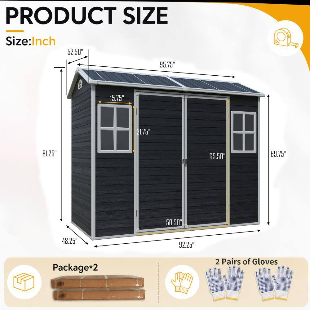 8 Ft. W X 4 Ft. D Black Outdoor Resin Storage Shed with 2 Windows and Floor (31 Sq. Ft.)