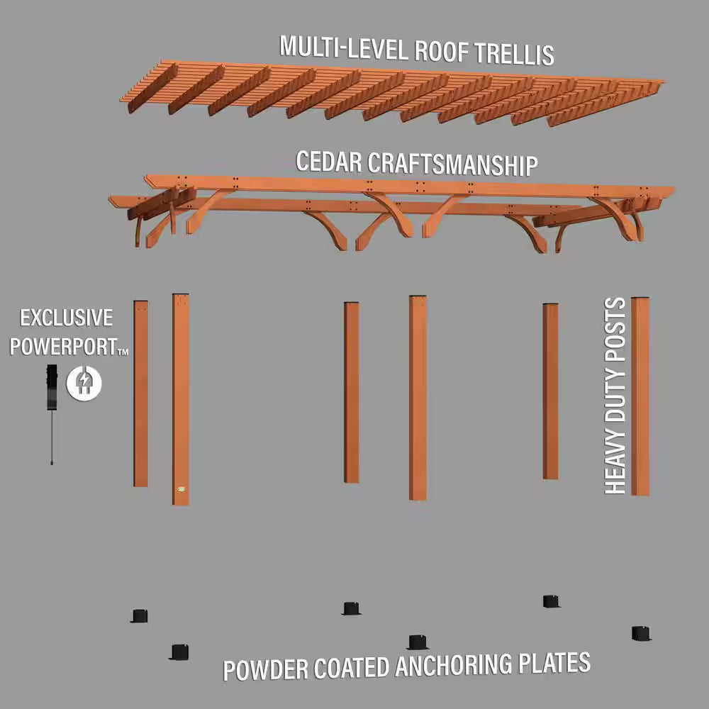 Beaumont 20 Ft. X 12 Ft. Light Brown Traditional Outdoor All Cedar Wood Patio Pergola Shade Structure with Electric