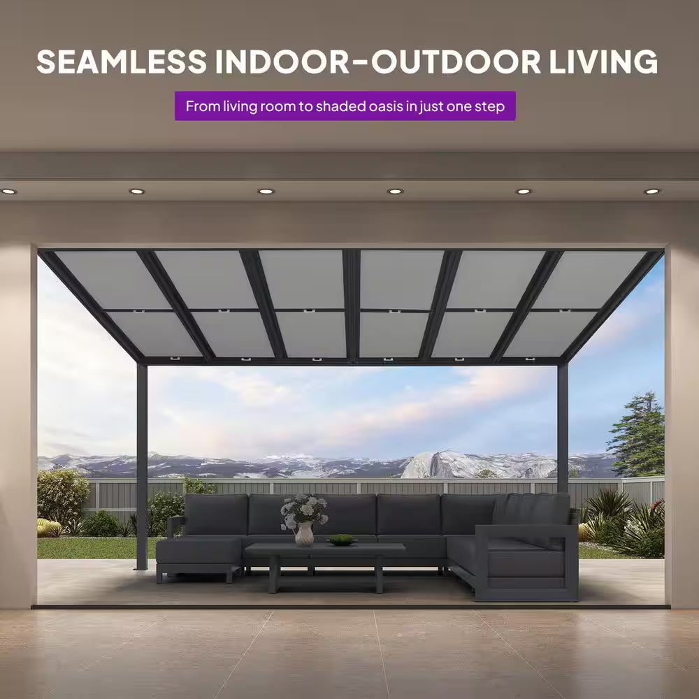 12 Ft. X 14 Ft. Gray Wall-Mounted Outdoor Pergola Aluminum Lean to Gazebo with PC Roof and Retractable Canopy