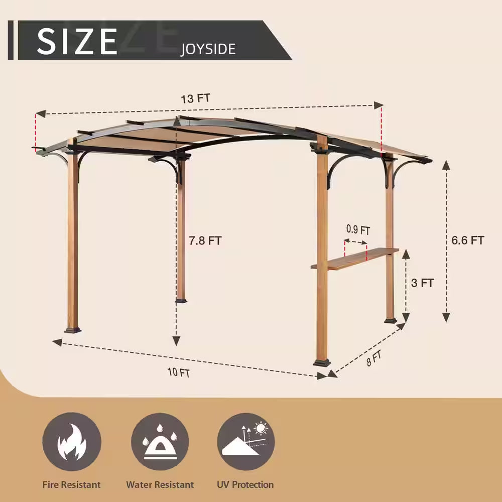 13 Ft. X 8.5 Ft. Steel Patio Pergola with Beige Shade Canopy and Bar Shelf