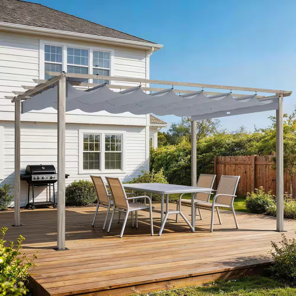 10 Ft. X 13 Ft. Wood Grain Aluminum Outdoor Pergola with Gray Retractable Shade Canopy