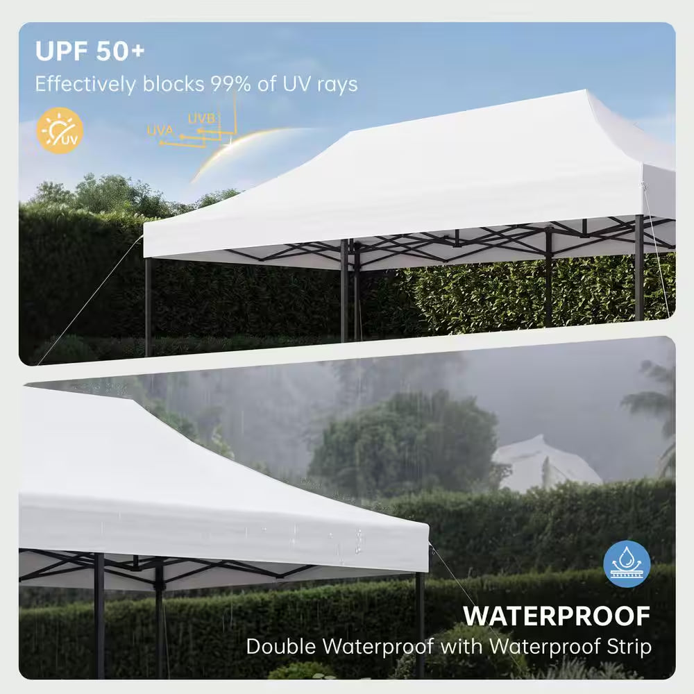 10 Ft. X 20 Ft. White Pop-Up Canopy Tent with Wind Ropes, Stakes and Sandbags, 3-Adjustable Height