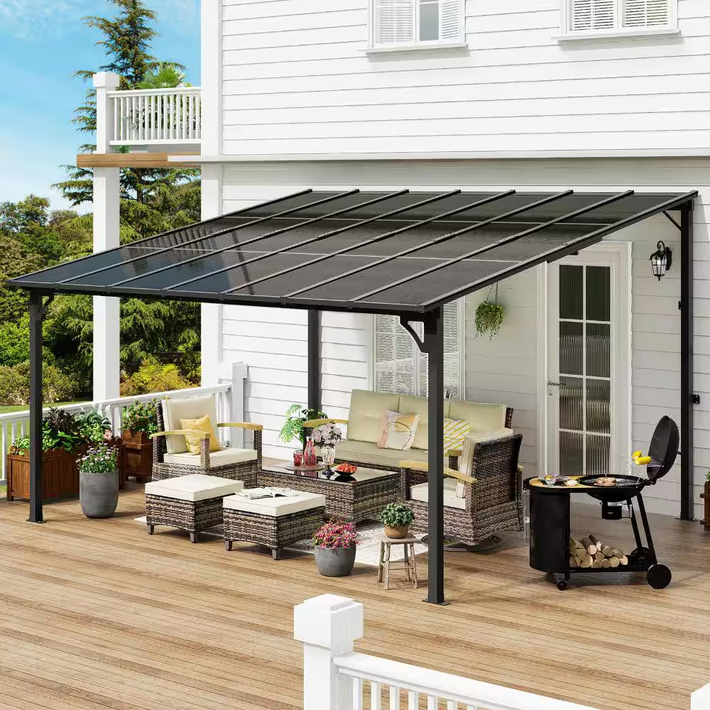 12' X 14' Wall Mounted Gazebo Heavy Duty Metal Pergola with Sloped Roof Lean to Awning for Patio Deck Backyard, Black