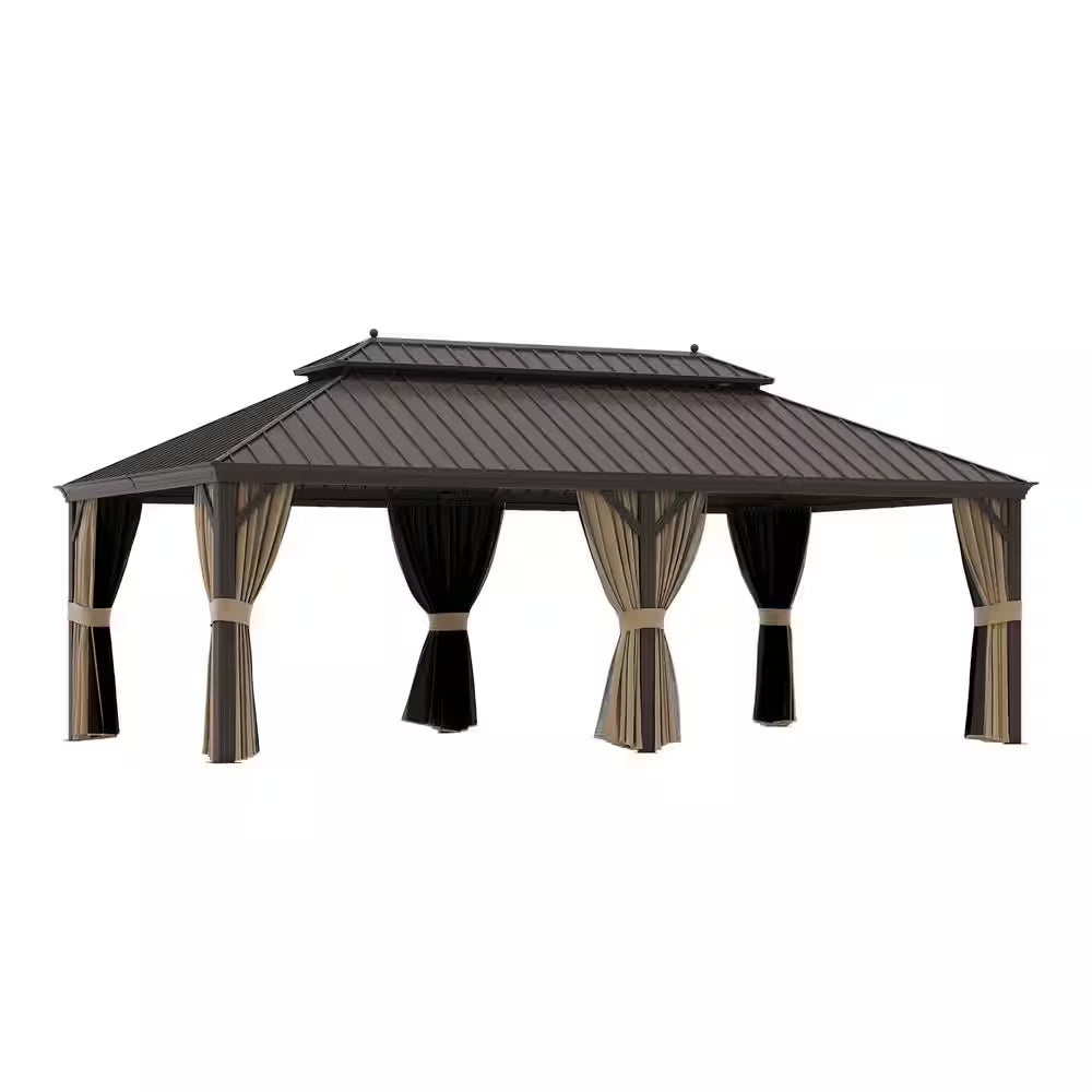14 Ft. X 20 Ft. Aluminum Outdoor Gazebo Double Roof Canopyw/Netting, Curtains, Garden Tent for Patio, Backyard, Lawns