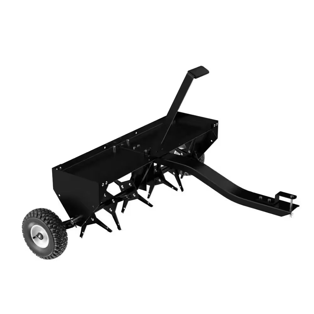 40" Tow‑Behind Lawn Dethatcher with Universal Hitch, Tray & Inflatable Wheels for Garden & Farm, Black