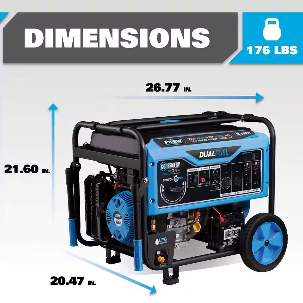 7,750/6,250 -Watt Dual-Fuel Gasoline and Propane with Push to Start Portable Home Power Generator, CO Shutoff