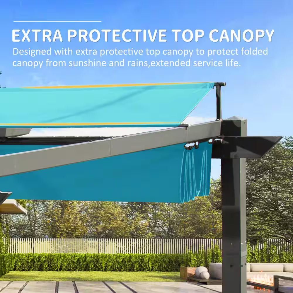 11 Ft. X 16 Ft. Dark Gray Aluminum Outdoor Retractable Pergola with Lake Blue Canopy, Patio Grill Gazebo