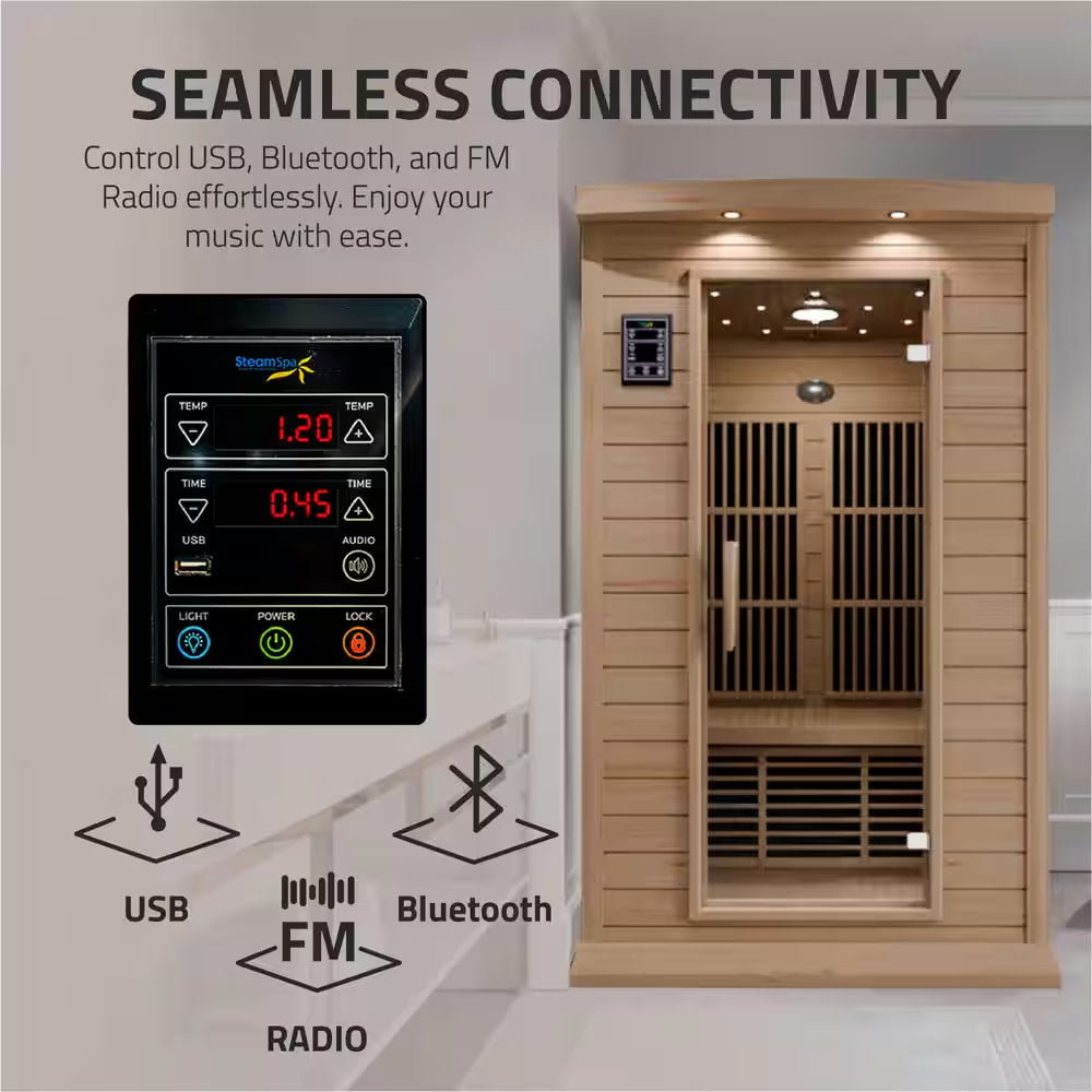 2-Person Indoor Hemlock Wood Infrared Sauna with Touch Control Panel, Bluetooth and LED Lights