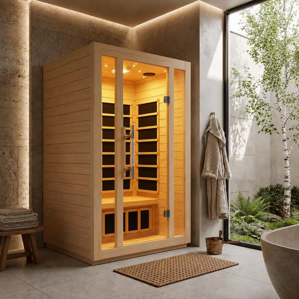 S08HD Series 2-Person Indoor Hemlock Wooden Low EMF Carbon FAR Infrared Home Sauna Room with LED Touch Control Panel