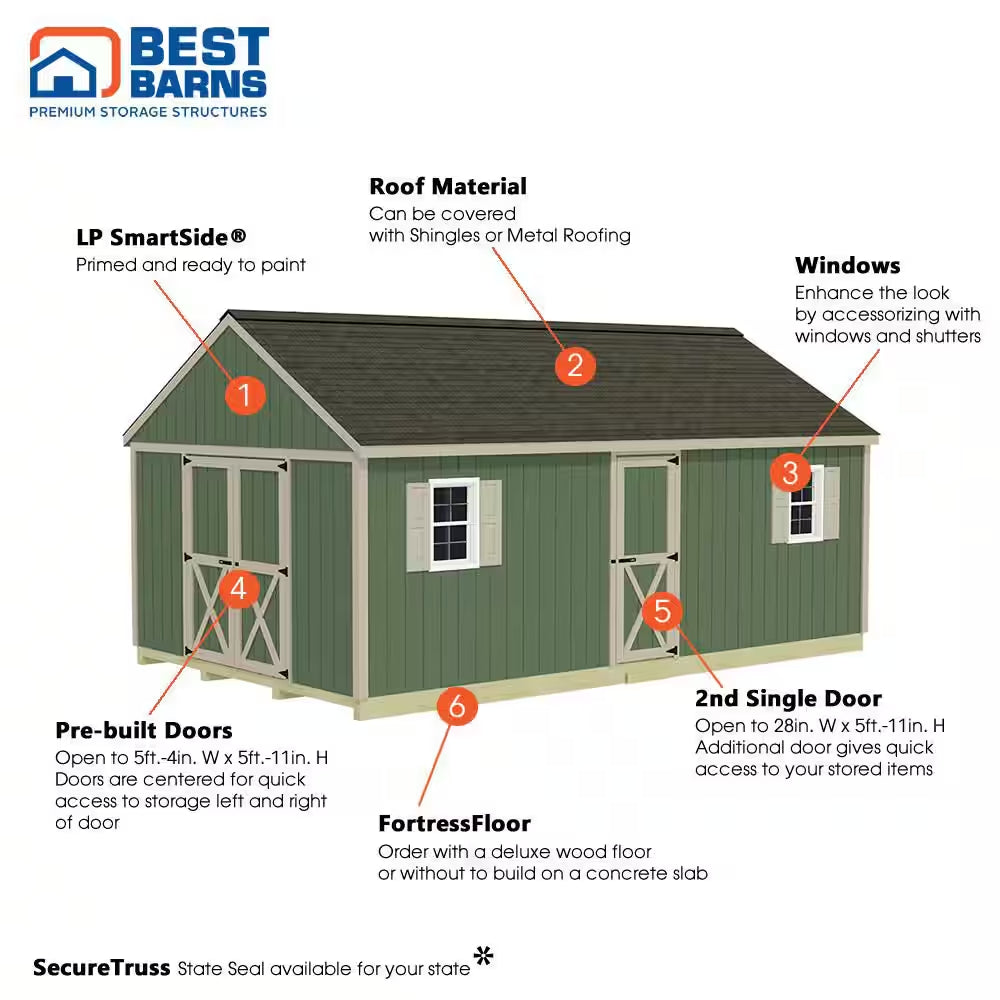 Shedquarters 12 Ft. X 20 Ft. Wood Shed Kit with Barn Doors, Extra Walk-In Door and Fortressfloor (240 Sq. Ft.)