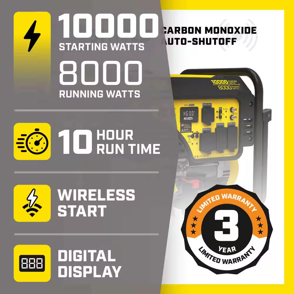 10,000/8000-Watt Wireless Remote Start Portable Generator with Free 3-Year Warranty for Home Backup and Storm Prep