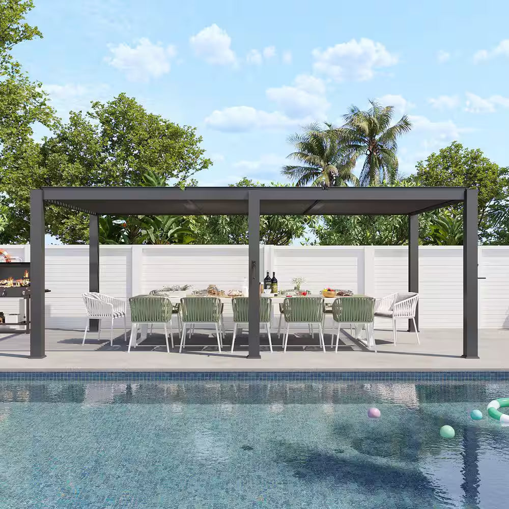 20 Ft. X 10 Ft. Black Adjustable Louvered Metal Pergolas with Hand Crank Roof