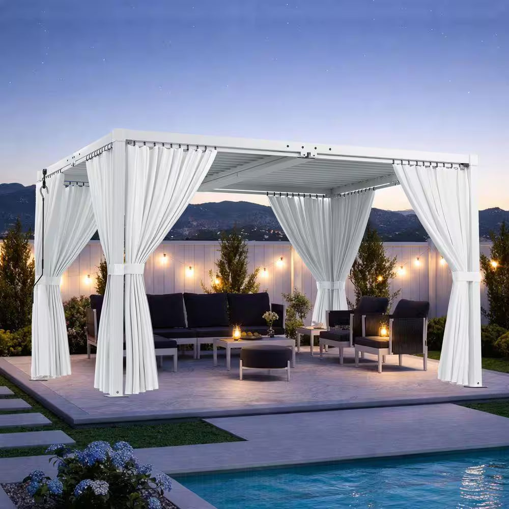 10 Ft. X 13 Ft. White Aluminum Louvered Pergola with Steel Roof and Curtains