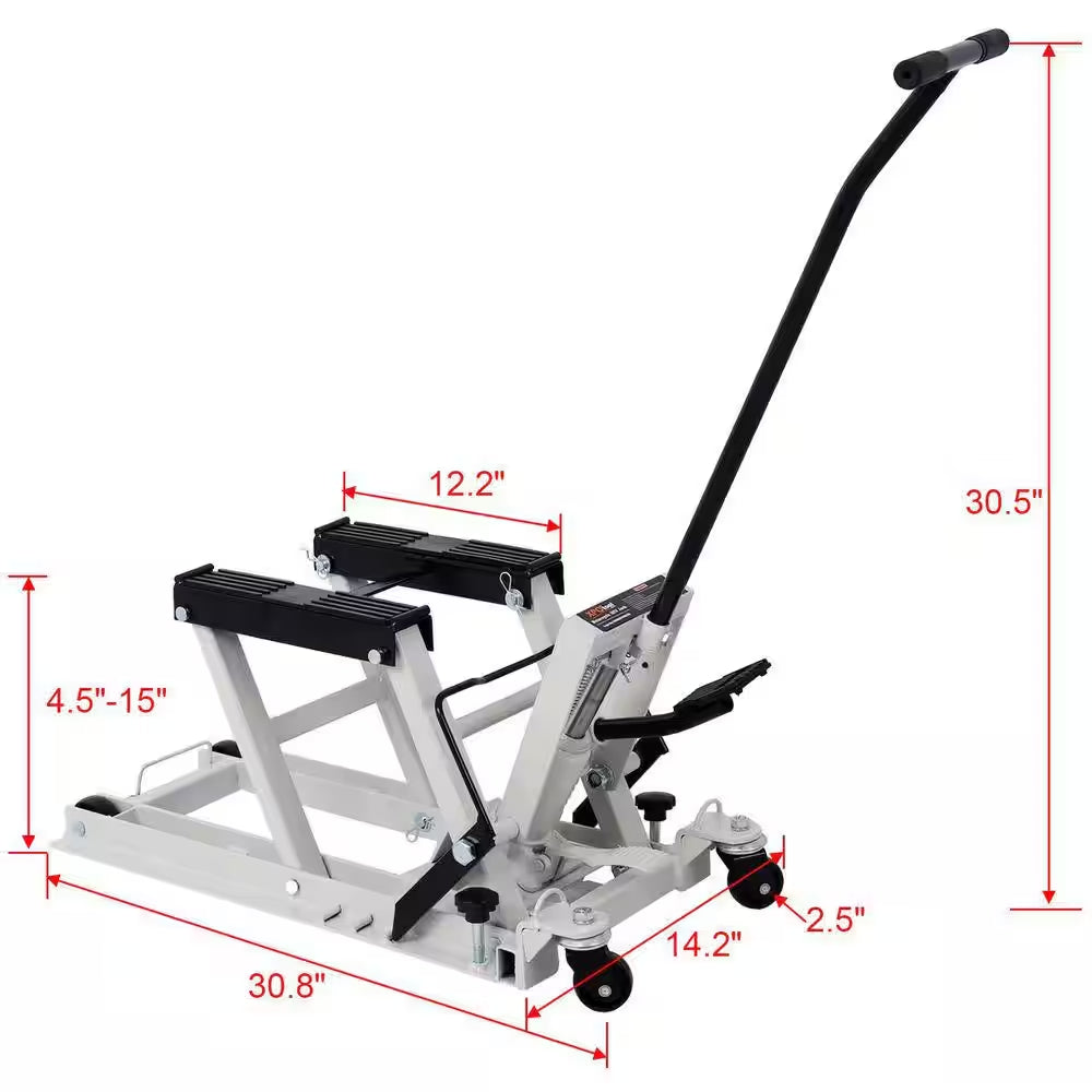 1500 LBS Capacity Gray Hydraulic ATV & Motorcycle Jack with 4 Wheels, Foot-Operated Hoist Stand, Maximum Lift 15 In. H