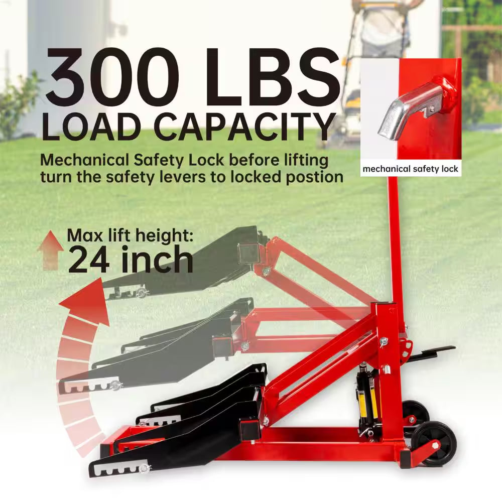 300 Lbs. Capacity Hydraulic Riding Lift Jack with Safety Lock for Tractors, Atvs and Zero Turn Lawn Mowers