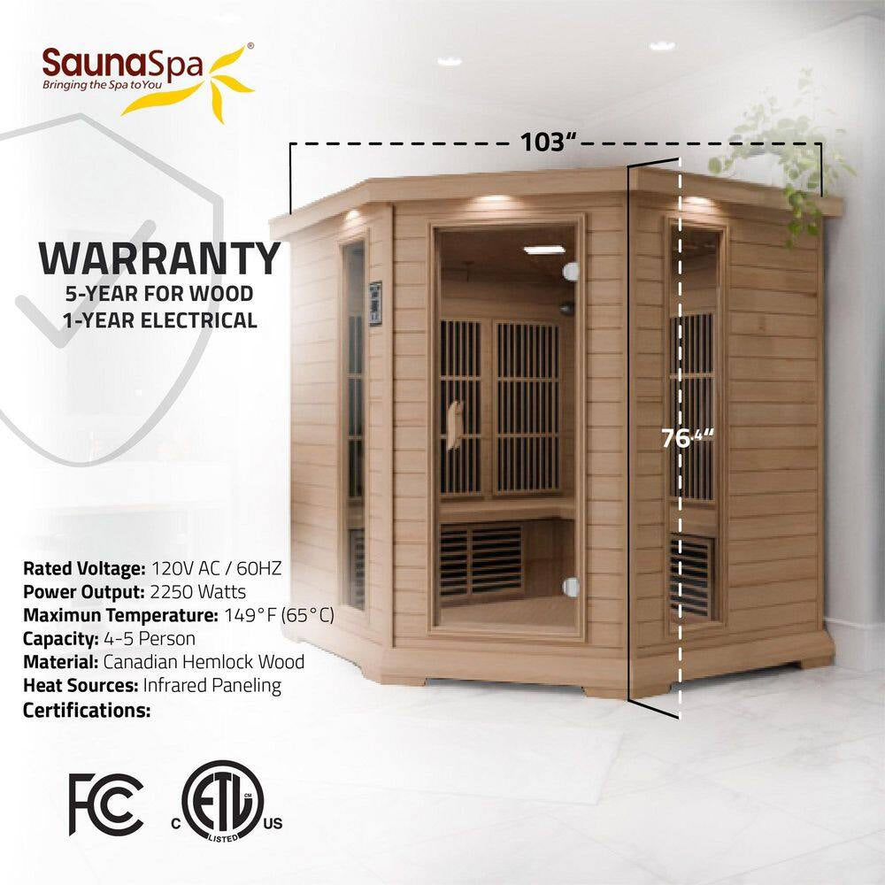 S10HD Series 5-Person Indoor Hemlock Wooden Infrared Sauna with Carbon FAR, LED Touch Control Panel