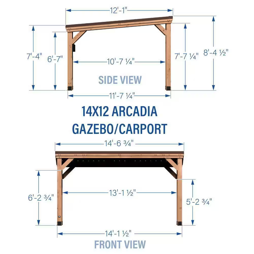 Arcadia 12 Ft. X 14 Ft. Light Brown Cedar Wood Outdoor Patio Gazebo with Hardtop Galvanized Steel Slope Roof, Powerport