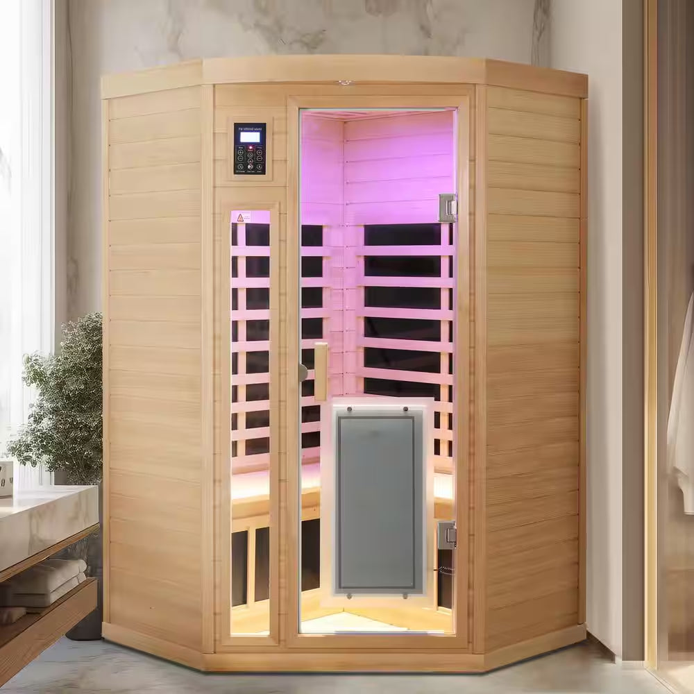 2-Person Natural Wood Far Infrared Hemlock Wood Pentagon Sauna Room with LED Reading Light