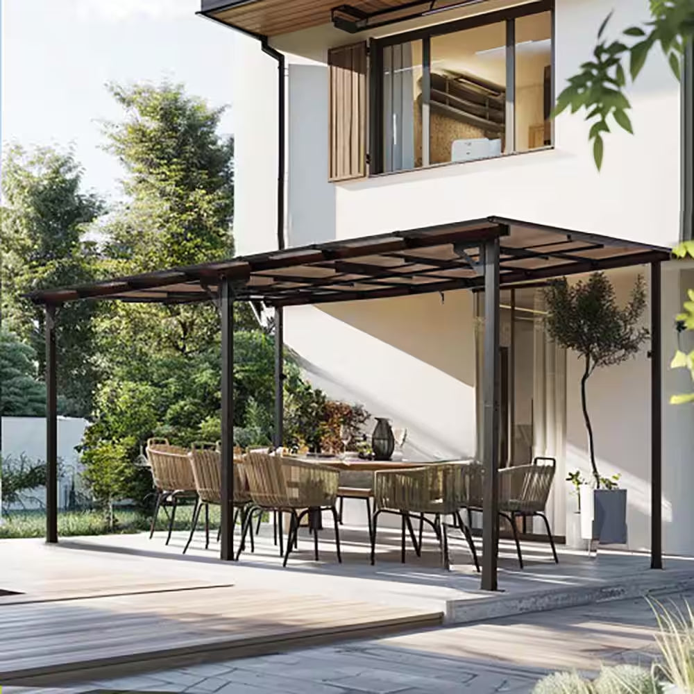 10 Ft. X 14 Ft. Heavy-Duty Wall-Mounted Lean-To Metal Pergola Gazebo with Roof