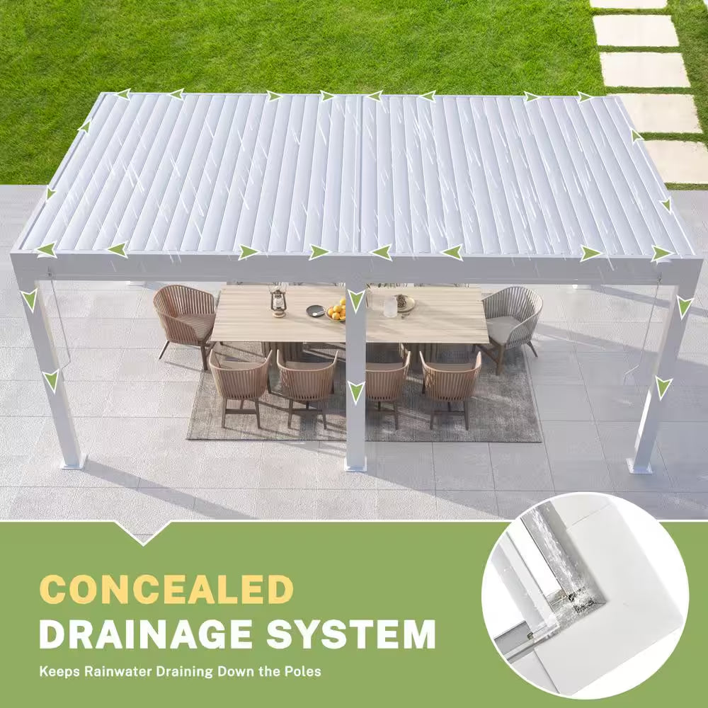 12 Ft. X 20 Ft. Louvered Pergola with Adjustable Rainproof Roof, Wood Grain Outdoor Aluminum Pergola for Patio, White
