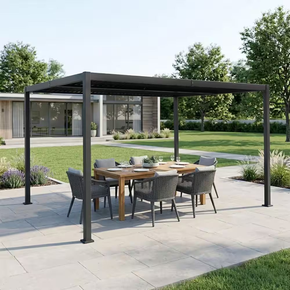 Elizabeth 12 Ft. X 14 Ft. Gray Aluminum Sun Shade Shelter with Drainage System Adjustable Outdoor Louvered Pergola
