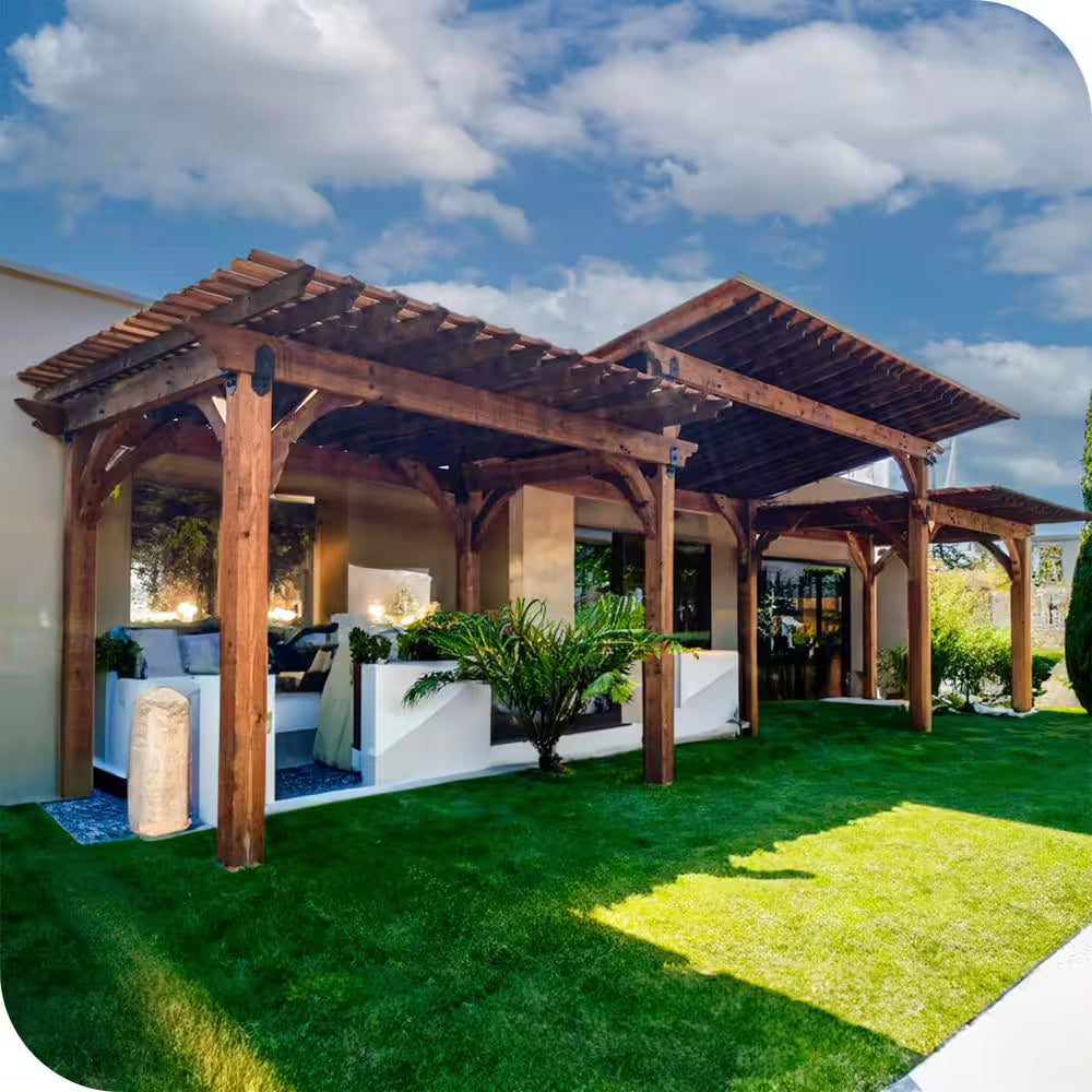 Pro Installed Meridian 32 Ft. X 16 Ft. Natural Heavy Timber 3-Tier Outdoor Patio Shade Pergola-Solid Roof Construction