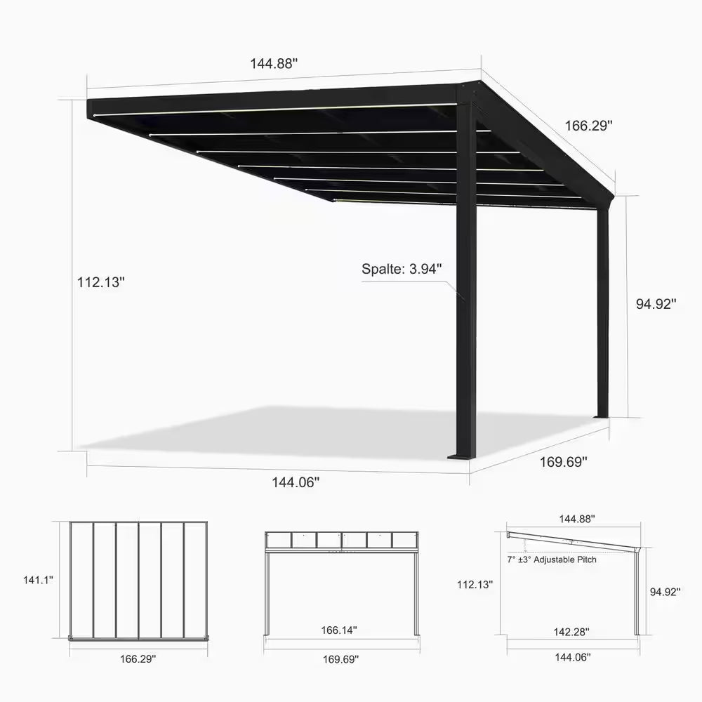12 Ft. X 14 Ft. Gray Wall-Mounted Outdoor Pergola Aluminum Lean to Gazebo with PC Roof and IP67 LED Light