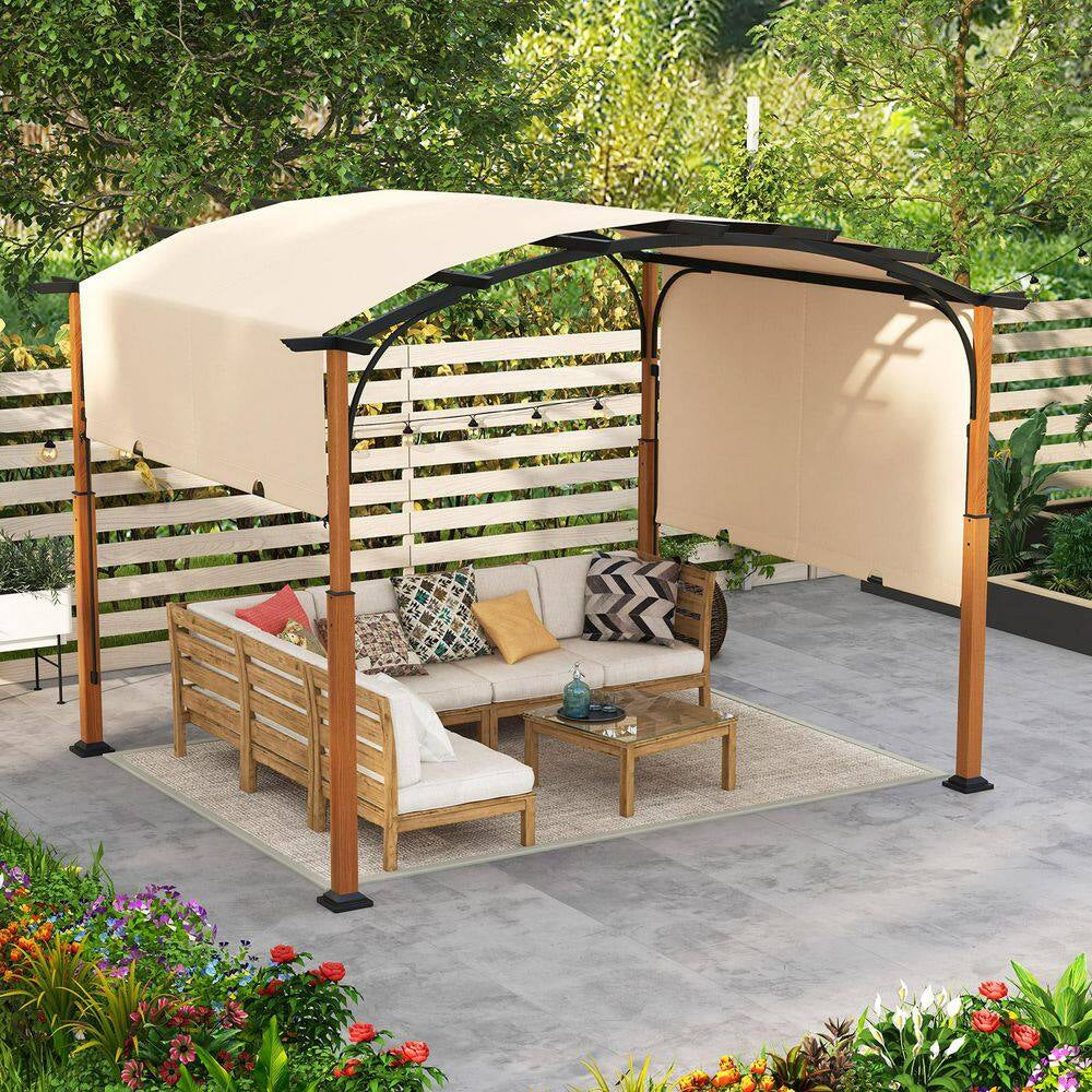 12 Ft. X 10 Ft. Metal Arched Top Patio Gazebos with Canopy in Beige