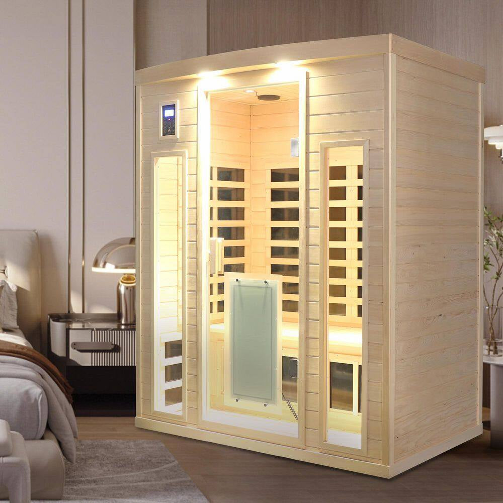 3-Person Natural Wood Far Infrared Hemlock Wood Sauna Room with LED Reading Light