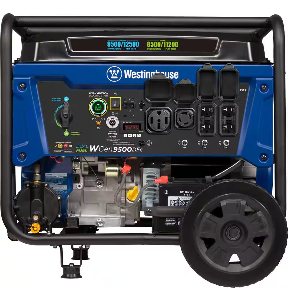 12,500/9,500-Watt Remote Electric Start Dual Fuel Gas and Propane Powered Portable Generator W/ 50 Amp Outlet, CO Sensor