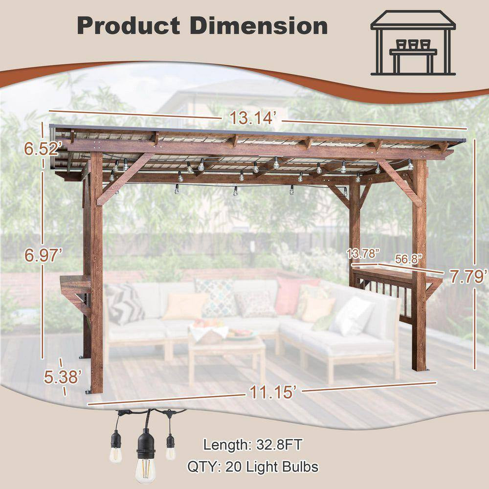 13 Ft. X 6.5 Ft. Wooden Pergola Grill Gazebo, Fir Wood Pergola with Metal Roof & Bulbs & Bar Counters