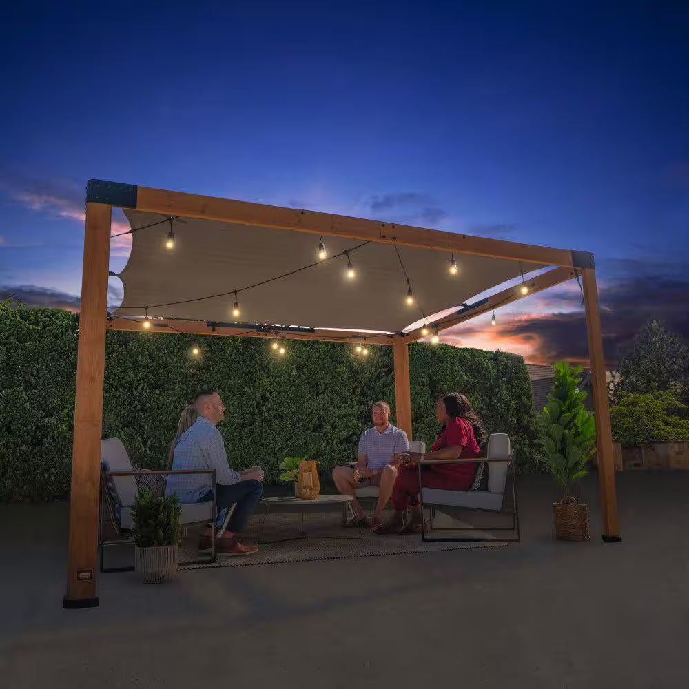 Brendan 10 Ft. X 12 Ft. Light Brown Cedar Wood Patio Pergola with Sun Shade Sail Screen Canopy and Powerport