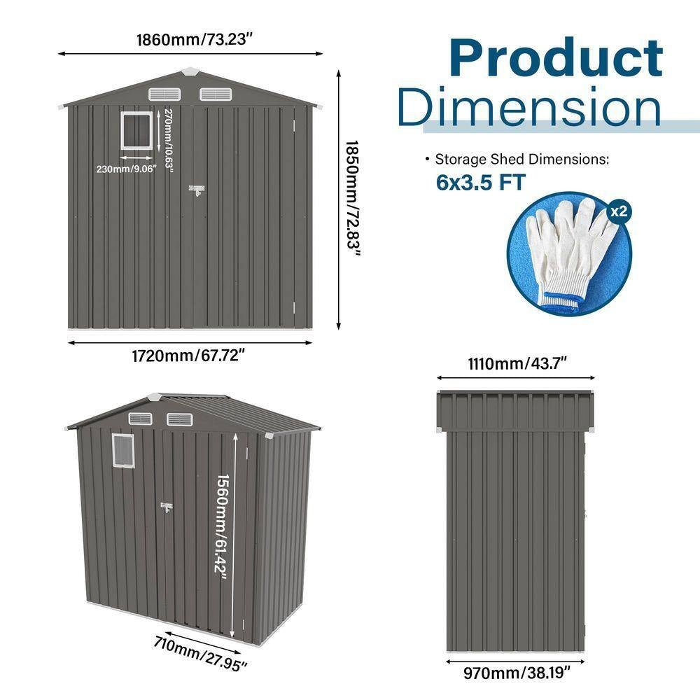 6 Ft.W X 3.5 Ft.D Outdoor Metal Storage Shed, Lockable Door Tool Shed with Window for Patio/Sundries, Gray (18 Sq. Ft.)