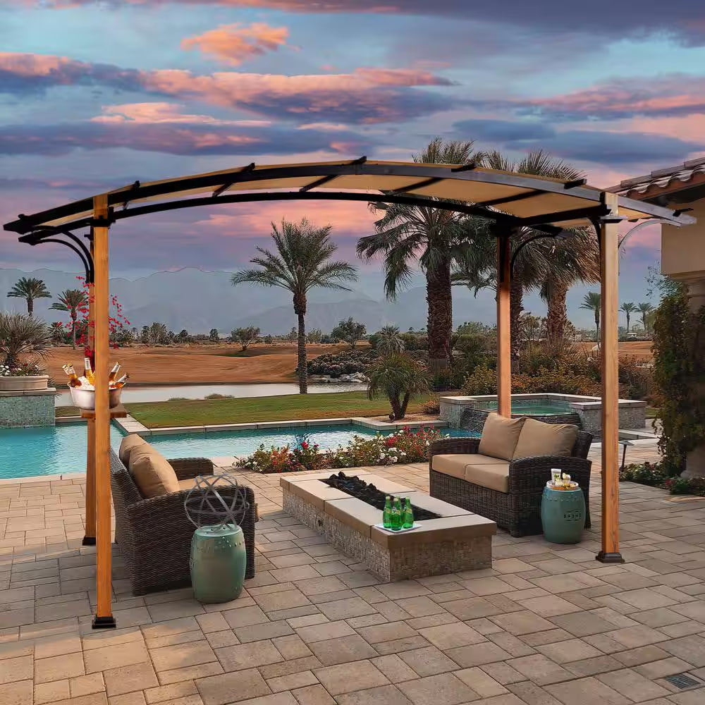 13 Ft. X 8.5 Ft. Steel Patio Pergola with Beige Shade Canopy and Bar Shelf