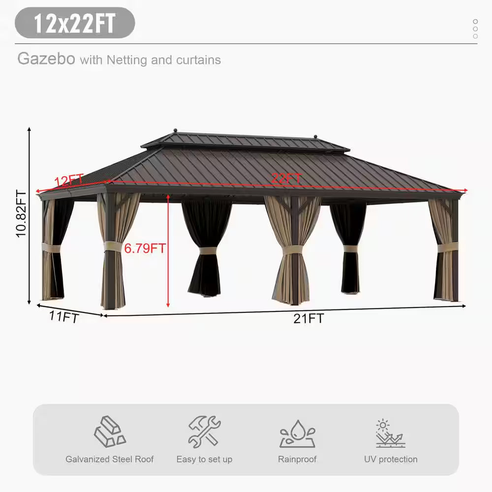 12 Ft. X 22 Ft. Aluminum Outdoor Gazebo Double Roof Canopy/Netting, Curtains, Garden Tent for Patio, Backyard, Lawns