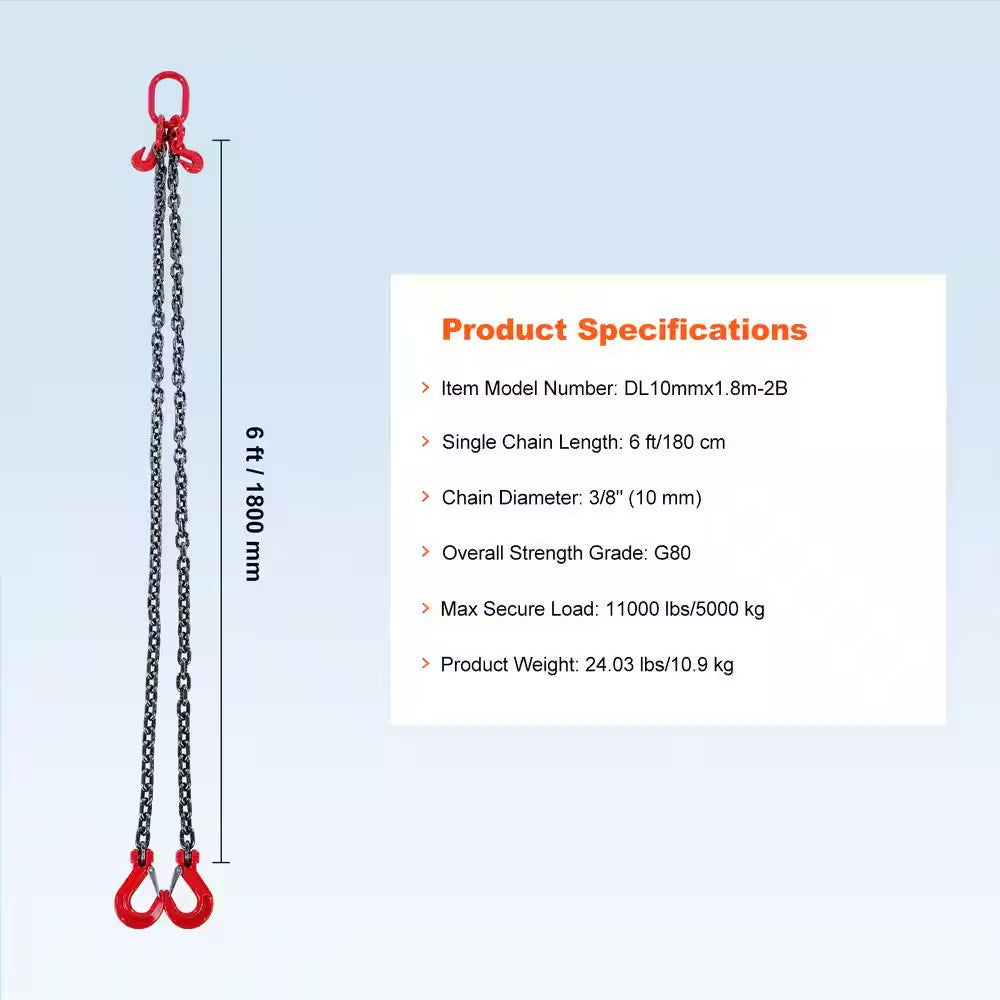 Chain Sling, 3/8 In. X 6 Ft. Lifting Chains with Hooks, G80 Engine Chain Hoist Lifts, 11000 Lbs. Lifting Sling Chains