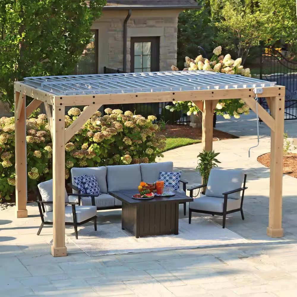 Meridian 10 Ft. X 12 Ft. Premium Cedar Patio Shade Pergola with Gray Louvered Roof Panels and Built-In Gutter System