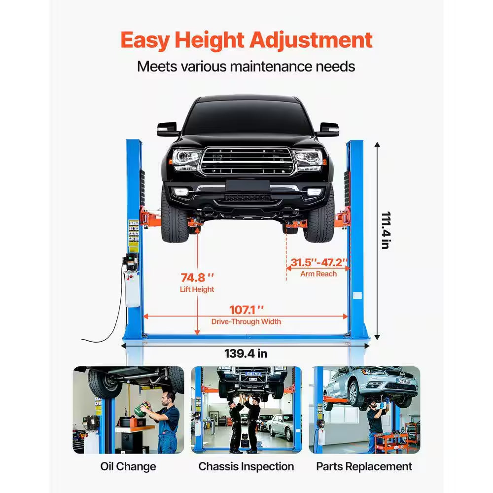 9000 Lbs. Capacity 2-Post Car Lift, 220V 2.95 HP Motor, 74.8-In. Height for Home Garage, Repair Shop and Workshop, Blue