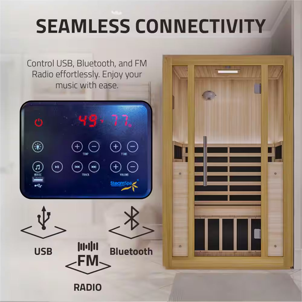 2-Person Indoor Hemlock Wood Carbon FAR Infrared Sauna with Redlight Heating Tube, Touch Control Panel and Bluetooth