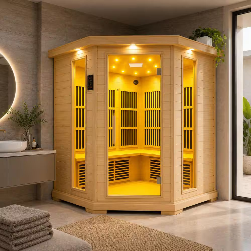 5-Person Indoor Hemlock Wood Electric Infrared Sauna with Touch Control Panel, Spot Light, and Speaker