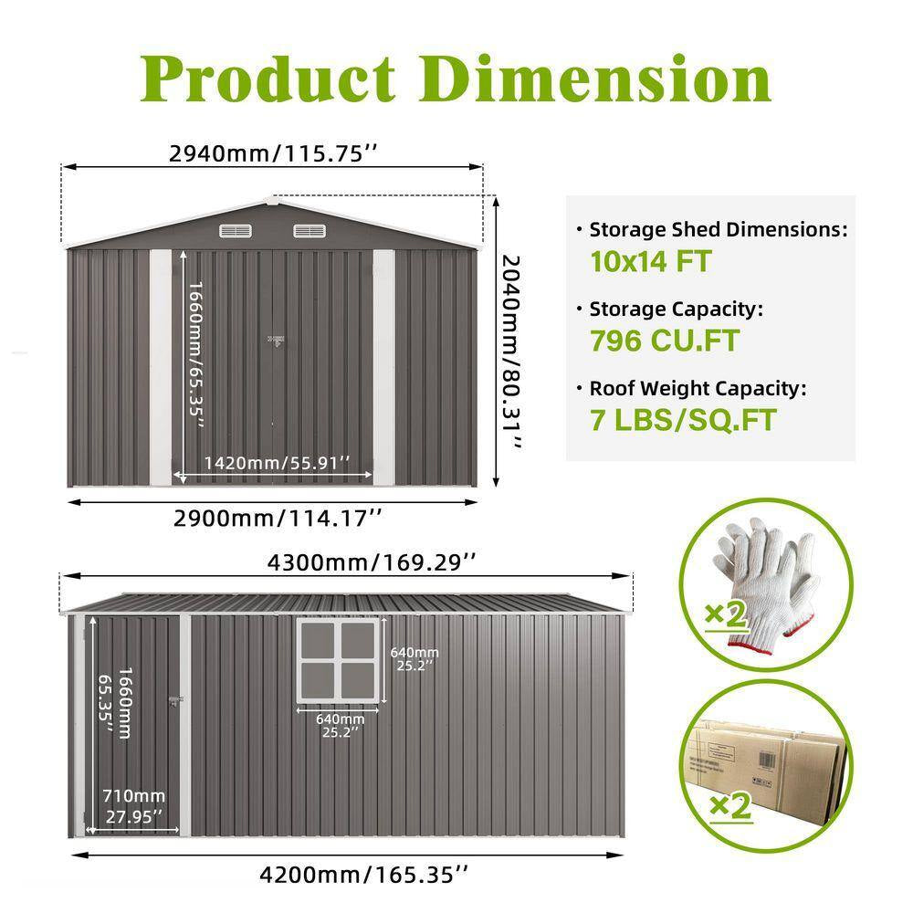 10 Ft.W X 14 Ft.D Outdoor Metal Storage Shed, Lockable Door Tool Shed with 2 Window for Patio/Lawns, Gray (130 Sq. Ft.)